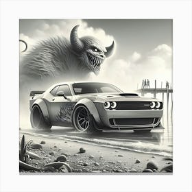 A Pencil Drawing Of A Dodge Demon At A Beach Front Canvas Print