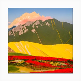 A Large Yellow Mountain With Red Flowers Arranged Below It And A Wide Blue Sky In The Background (1) Canvas Print