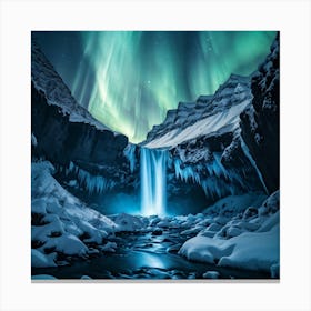 Frost Kissed Waterfall Cascading Amidst An Icelandic Landscape Jagged Ice Clad Mountains Rising In (6) Canvas Print