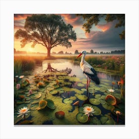 A Stork In A Lily Pond Canvas Print