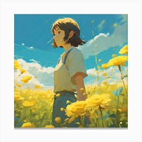 Girl In A Field Of Yellow Flowers 1 Canvas Print