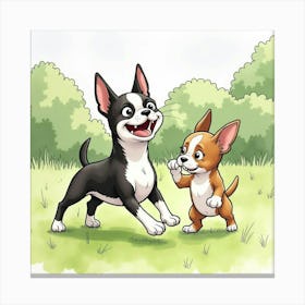 Cheerful Boston Terrier Playing With Its Owner In The Yard, Watercolor 1 Canvas Print