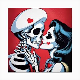 Funny Retro skeleton Kiss Woman Valentine comic poster Canvas Print