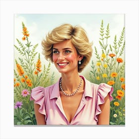 Smiling Princess Diana With Colorful Watercolor Fields Of Wildflowers Behind Her Canvas Print