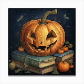 Halloween Pumpkin On Books Canvas Print