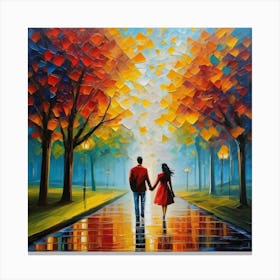 oil paint of Couple Walking In The Rain Canvas Print