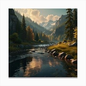 Photo Of Ultra Realistic Insane Illustration, A Landscape That Transmits Peace And Calm The Background Is Wooded And Colorful A River In The Foreground Fairy Tale Style Canvas Print