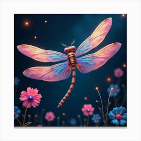 A Whimsical Dragonfly With Wings Of Fractal, Neon Patterns Hovering Over A Dreamlike Garden Canvas Print