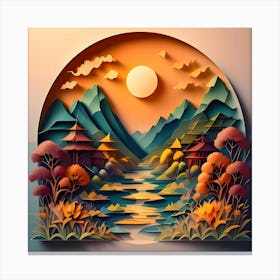 Landscape painting made of cut paper. It is a scene of a stream with trees and flowers on either side. A depiction of sunset. Canvas Print