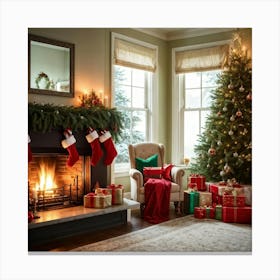 A Convivial Christmas Scene A Roaring Hearth Fireplace Illuminating The Room A Lush Evergreen Chri (6) Canvas Print