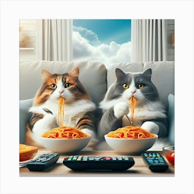 Two Cats Are Sitting On A Couch, Eating Spaghetti And Watching Tv3 Canvas Print