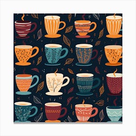 Seamless Pattern With Coffee Cups And Leaves Canvas Print