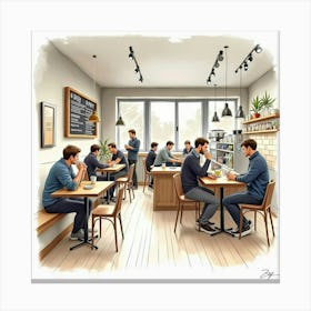 Trendy Coffee Shop In Watercolor, With Patrons Enjoying Their Drinks Canvas Print