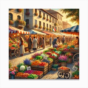 Charming Street Market Wall Art A Vibrant Local Marketplace With Fresh Produce And Colorful Flowers, Perfect For Kitchen Or Dining Room Decor Print Art Canvas Print