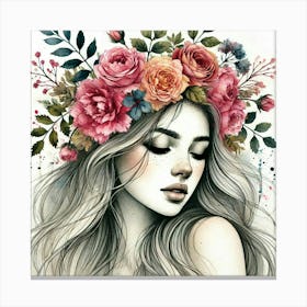 woman portrait with flowers head crown 1 Canvas Print