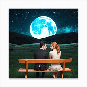 Couple Sitting On A Bench Under The Moon 11 Canvas Print