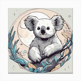 Sticker Art Design, Koala Howling To A Full Moon, Kawaii Illustration, White Background, Flat Colors Canvas Print