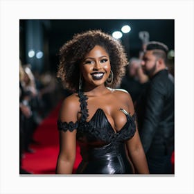 Available to purchase - A Black Woman Voluptuous Sexy Wearing A Black Latex Low Cut Dress Shoulders Big Smile Short Curly Hair - Created by Midjourney Canvas Print