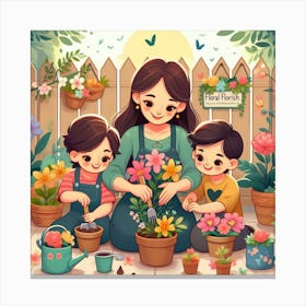 Mother And Children Planting Flowers Canvas Print