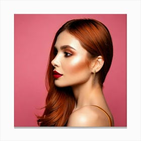 Firefly Elegance In Profile Woman With Brown Eyes And Red Lips On Rosé Background 73965 Canvas Print