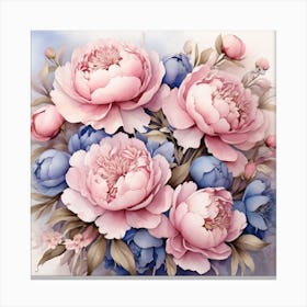 A Stunning Bouquet Of Pink Peonies And Blue Flowers, Each Petal Delicately Rendered In A Watercolor Style, Creating A Dreamy And Ethereal Atmosphere Canvas Print