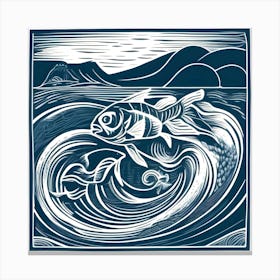 Linocut Fish In The Sea 5 Canvas Print