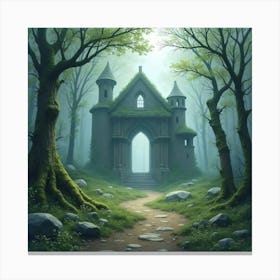 Ancient Enchanted Ruins In A Foggy Forest, Watercolor 1 Canvas Print