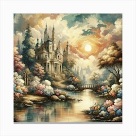 A wonderful painting of a castle with the sea and sailboats next to it Canvas Print