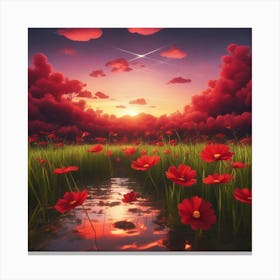 A Beautiful Sunset With A Big Red Cosmos Setting On The Horizon, The Sun Shines Through The Tops Of Canvas Print