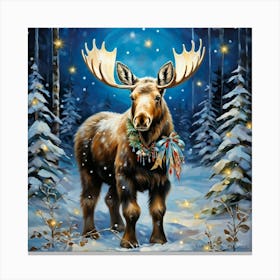 Baby Moose Adorned With Festive Ribbons Amid A Snow Laden Forest Twinkling Lights Woven Between Fro Canvas Print