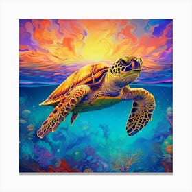 Sea Turtle At Sunset. Turtle Transcendence: A Green Voyage into Psychedelia. Canvas Print