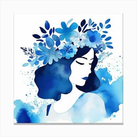 watercolour woman portrait with blue  floral head crown  Canvas Print