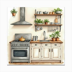 Rustic Kitchen Watercolor Painting, Charming And Fresh 1 Canvas Print