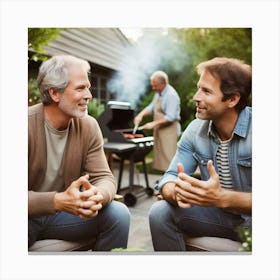 Men chatting in garden backyard with barbecue in background. Canvas Print