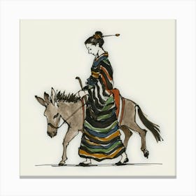 Asian Woman Riding A Donkey Canvas Print