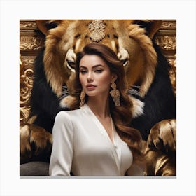 Beautiful Woman With A Lion Canvas Print