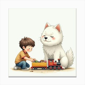 Watercolor Samoyed And A Boy Playing With A Toy Train Set Canvas Print