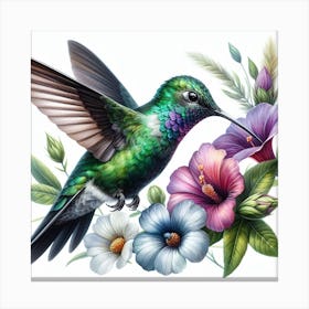 Nectar Sipper: A Realistic Watercolor Painting of a Hummingbird with Vibrant Colors and Textures Canvas Print