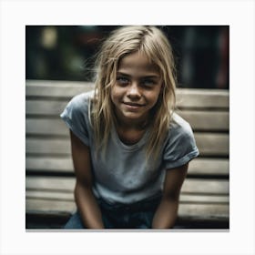 Little Girl Sitting On A Bench Canvas Print