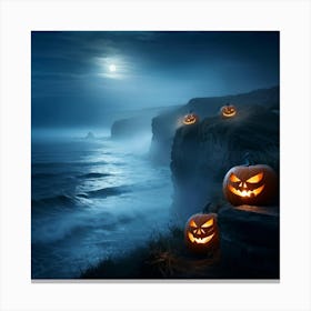 Ghostly Jack O Lanterns Glowing Eerily Beside A Winding Coastal Path Mist Hovering Over The Ocean (2) 1 Canvas Print