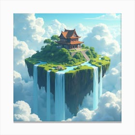 Floating Island With A Serene Temple And Cascading Waterfalls Into The Clouds 1 Canvas Print