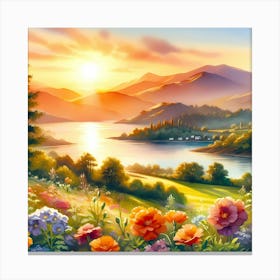 Sunset With Flowers Canvas Print