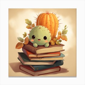 Baby Kawaii Cactus with Books & Leaves Canvas Print
