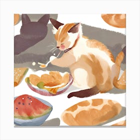 Cat Eating Bread And Watermelon Canvas Print