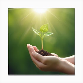 Hand Holding Young Plant With Sunlight Concept Eco Earth Day 0 Canvas Print