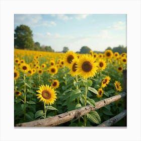 A Picturesque Scene Of A Field Of Wild Sunflowers With A Rustic Fence 2 Canvas Print