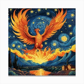 Phoenix Bird Fire Flying At Starry Night Van Gogh Painting Canvas Print