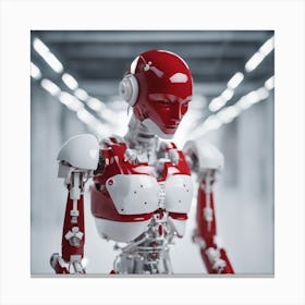 Porcelain And Hammered Matt Red Android Marionette Showing Cracked Inner Working, Tiny White Flowers (3) Canvas Print