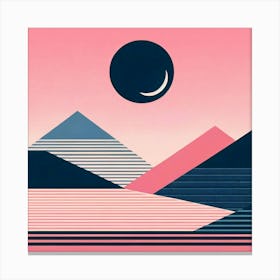 "Midnight Mirage: Stripes and Solace"  As a crescent moon hangs in the dusk, mountains and plains align in a vision of striped symmetry. The landscape, a blend of navy, white, and coral stripes, creates a rhythmic pattern that leads to tranquil waters. This visual symphony is set against a backdrop of soft pink sky, imparting a sense of solace and introspection. It's a place where the night's embrace is a blanket of quietude, offering a retreat from the day's clamor into the soothing cadence of nature's geometric dance. Canvas Print