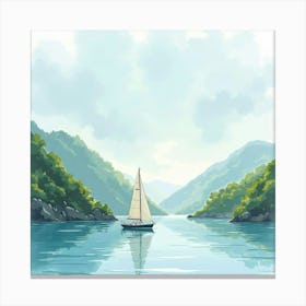 Tranquil Sailboat Amidst Watercolor Serene Coast 1 Canvas Print